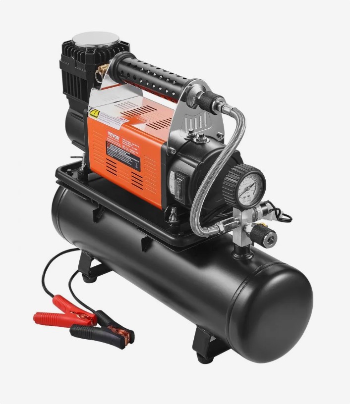 VEVOR YD-127-6L 12V air compressor mounted on a black 6 litre air tank with gauge and battery clamps, official product image