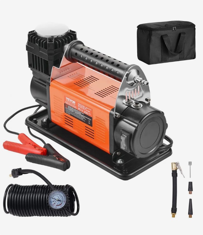 VEVOR YD-127 single-cylinder 12V portable air compressor with battery clamps, 26 ft hose with mechanical gauge and carry bag, official product image