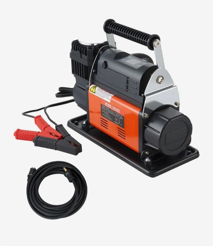 VEVOR YD-127-AI 12V auto-stop air compressor with LCD display, coiled hose and carry bag, official product image