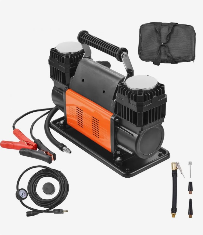 VEVOR YD-127D dual-cylinder 12V air compressor with battery clamps and 26 ft hose, official product image