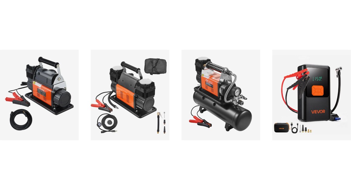 VEVOR 12V tire inflators side by side: YD-127-AI auto-stop, YD-127D dual cylinder, YD-127-6L with 6 litre tank and JS-383 jump starter with compressor, official VEVOR product images