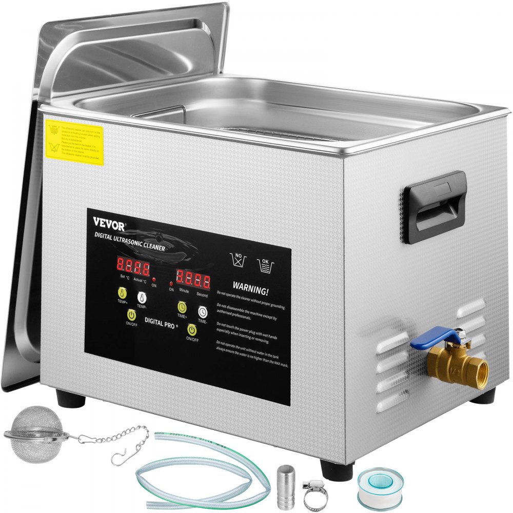 VEVOR 15L ultrasonic cleaner with 600W heater, digital timer and drain valve, official product image