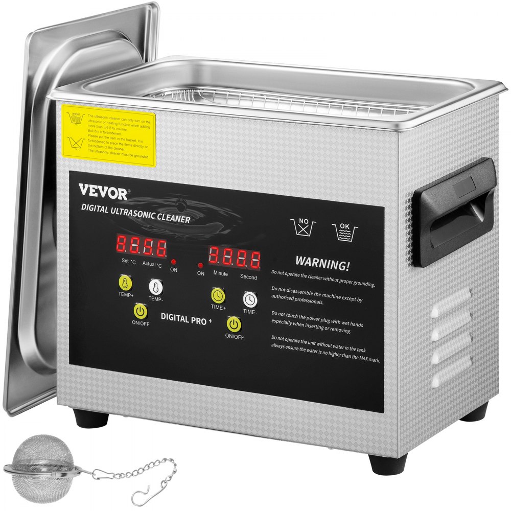 VEVOR 3L ultrasonic cleaner with heater and digital timer, stainless steel tank and lid, official product image