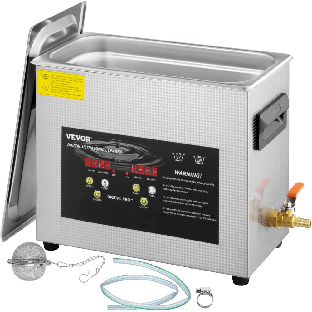 VEVOR 6L ultrasonic cleaner with heater, digital timer and drain valve, official product image