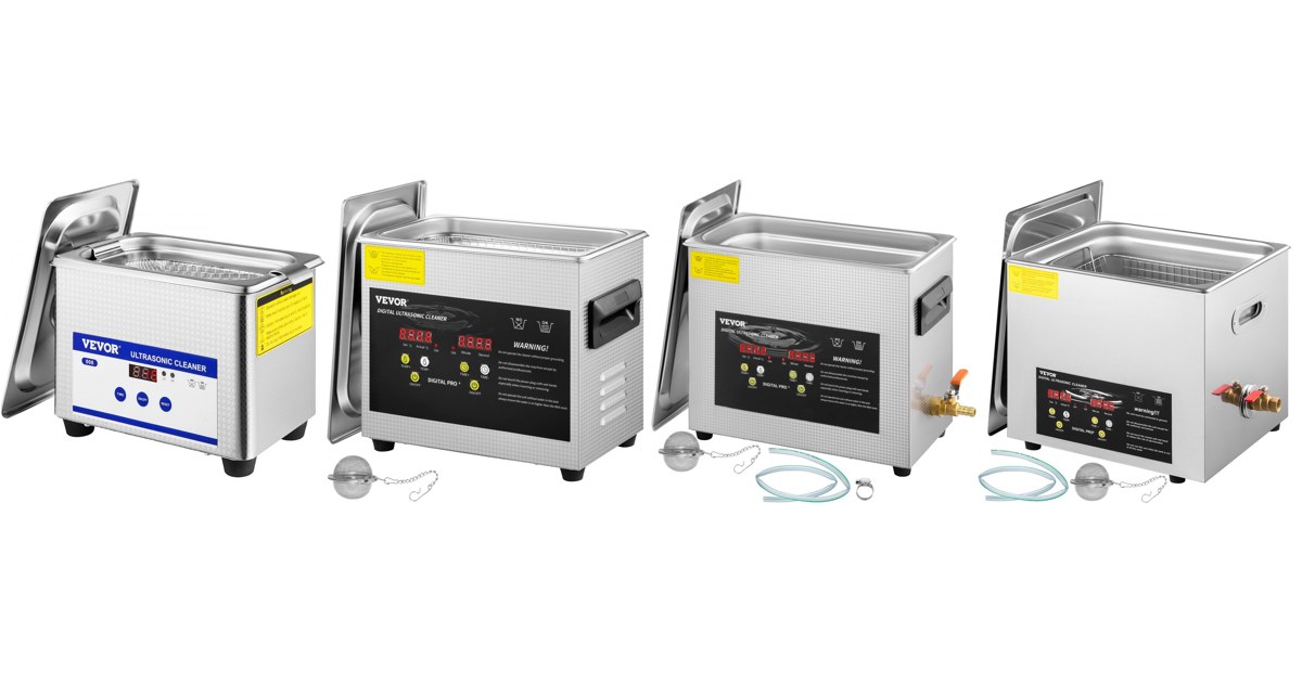 Four VEVOR ultrasonic cleaners from 0.8 L to 10 L side by side, official VEVOR product images