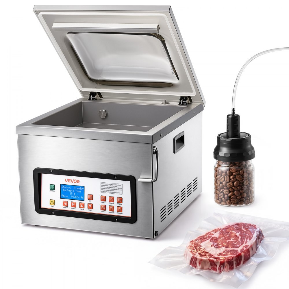 VEVOR DZ-310 chamber vacuum sealer, 304.8 mm seal bar, oil pump, with mason jar lid and external hose, official product image