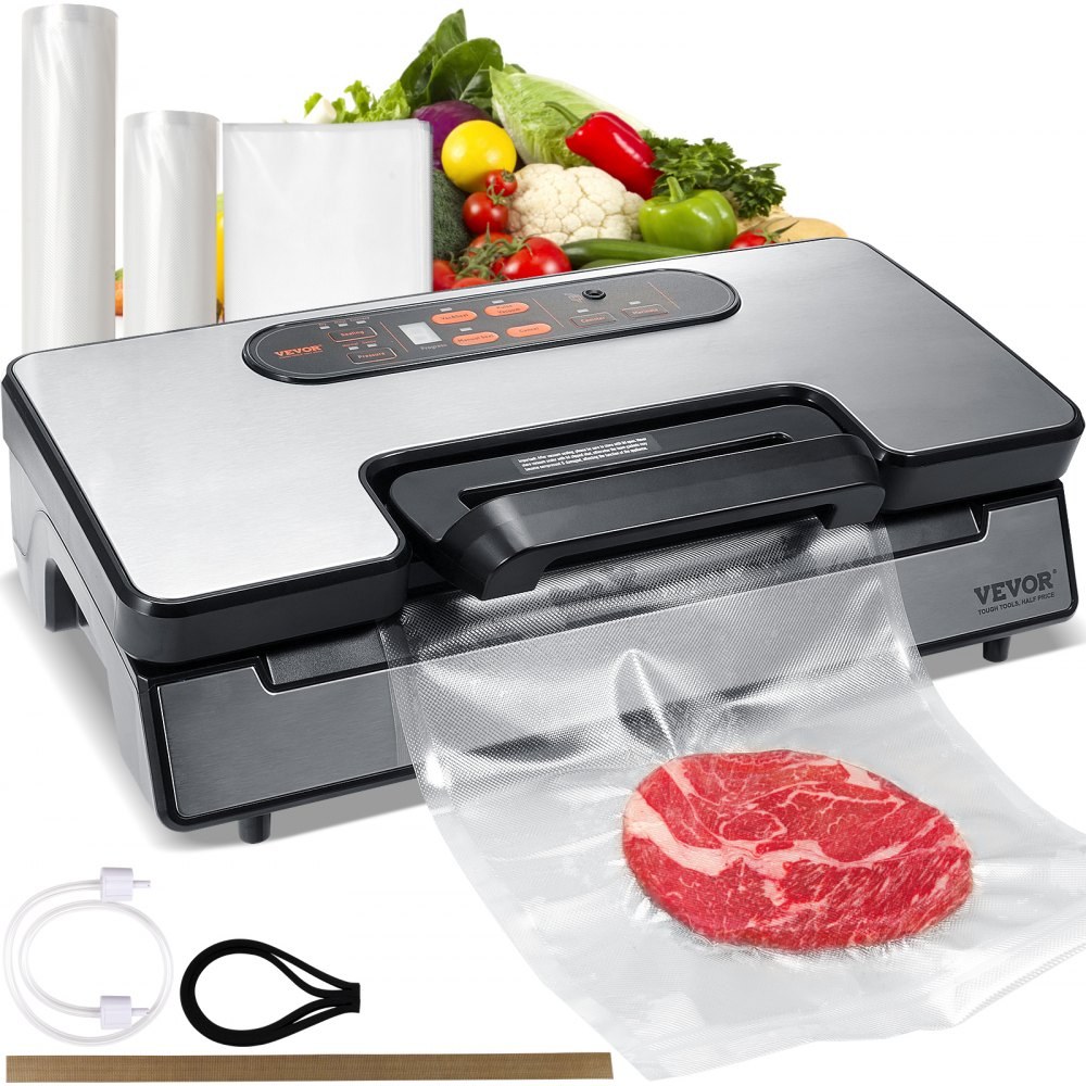 VEVOR VS5164 stainless steel edge vacuum sealer, 90 kPa dual pump, built-in bag storage and cutter, official product image