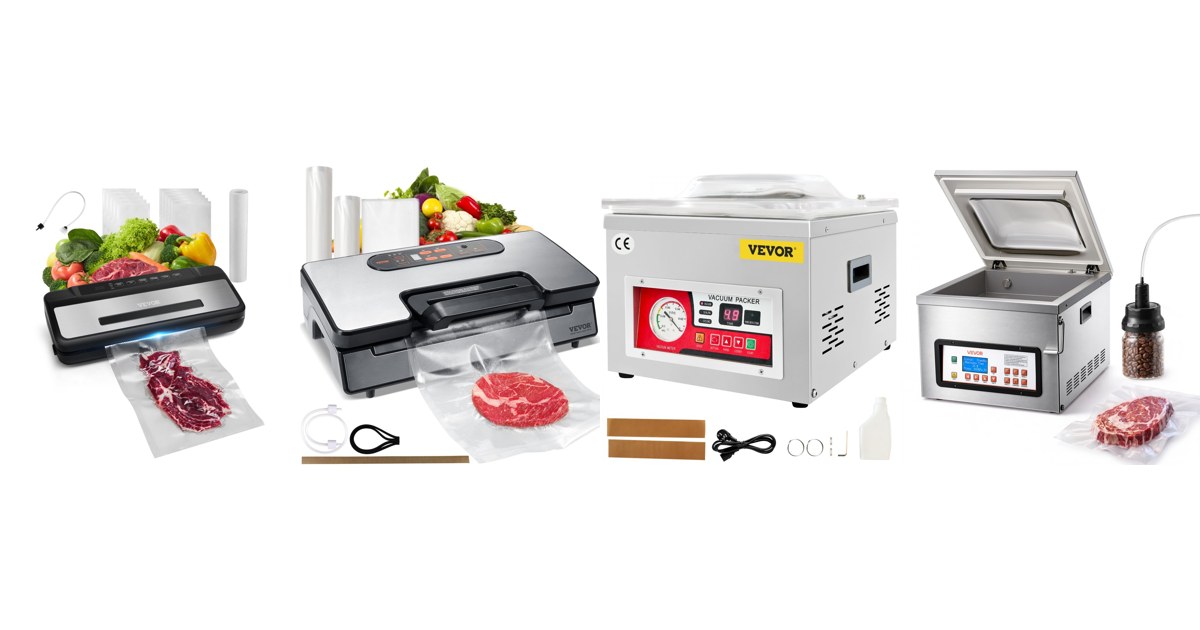 VEVOR vacuum sealers side by side: 7-in-1 edge sealer, 90 kPa dual-pump edge sealer, DZ-260A chamber machine and DZ-310 chamber machine, official VEVOR product images