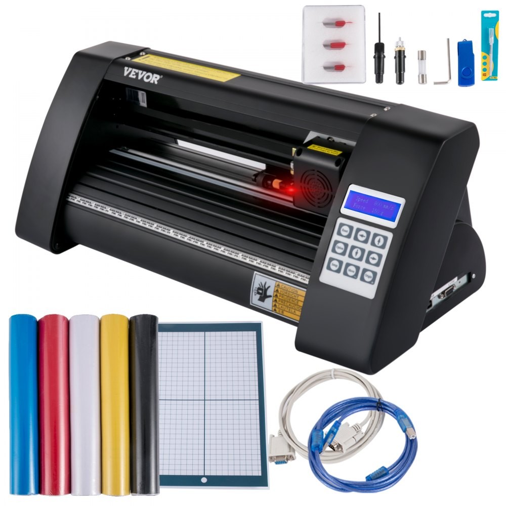 VEVOR KH-375A desktop vinyl cutter with optical eye, vinyl rolls and cutting mat, official product image