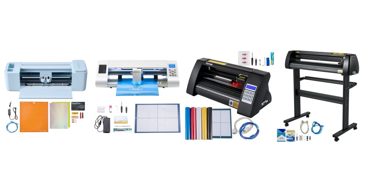 VEVOR vinyl cutters side by side: 305 mm craft cutter, TT-450, KH-375A and a 28 inch plotter on a stand, official VEVOR product images