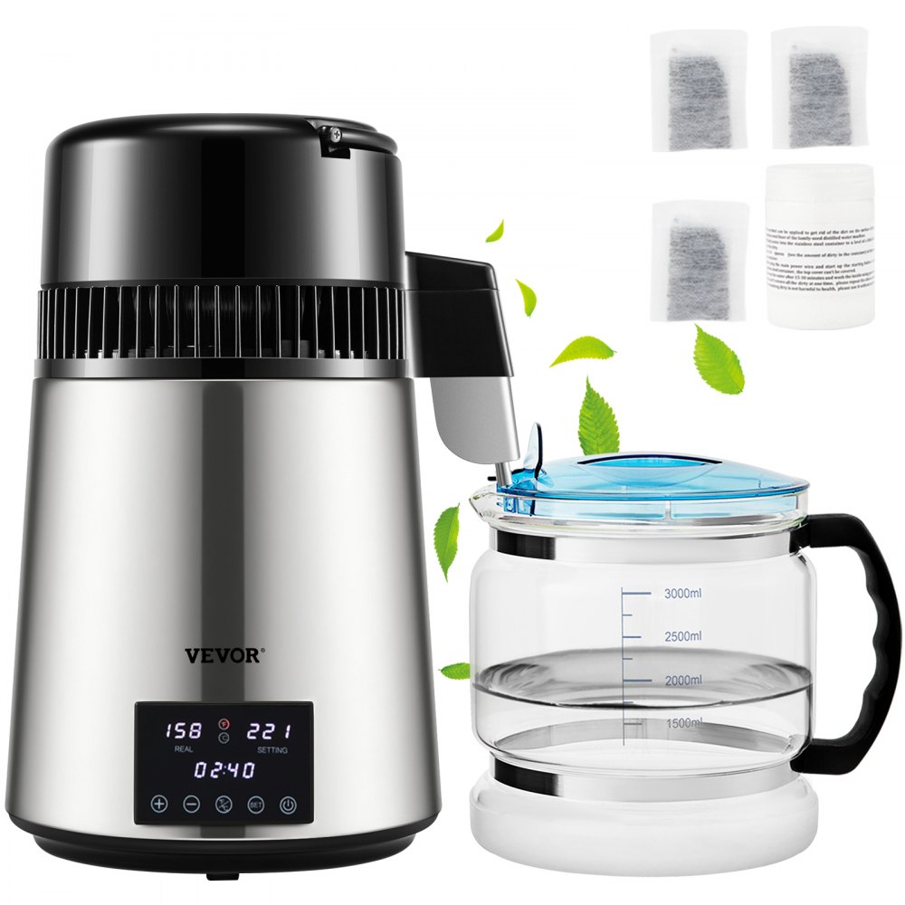 VEVOR 4L 1750W fast water distiller YMK40230 with glass carafe and dual temperature display, official product image
