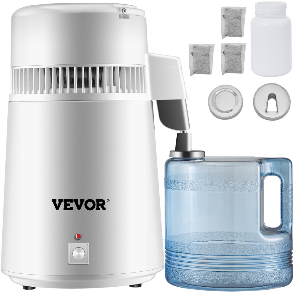 VEVOR 4L basic water distiller YMK40101 in white with plastic collection container and carbon packs, official product image