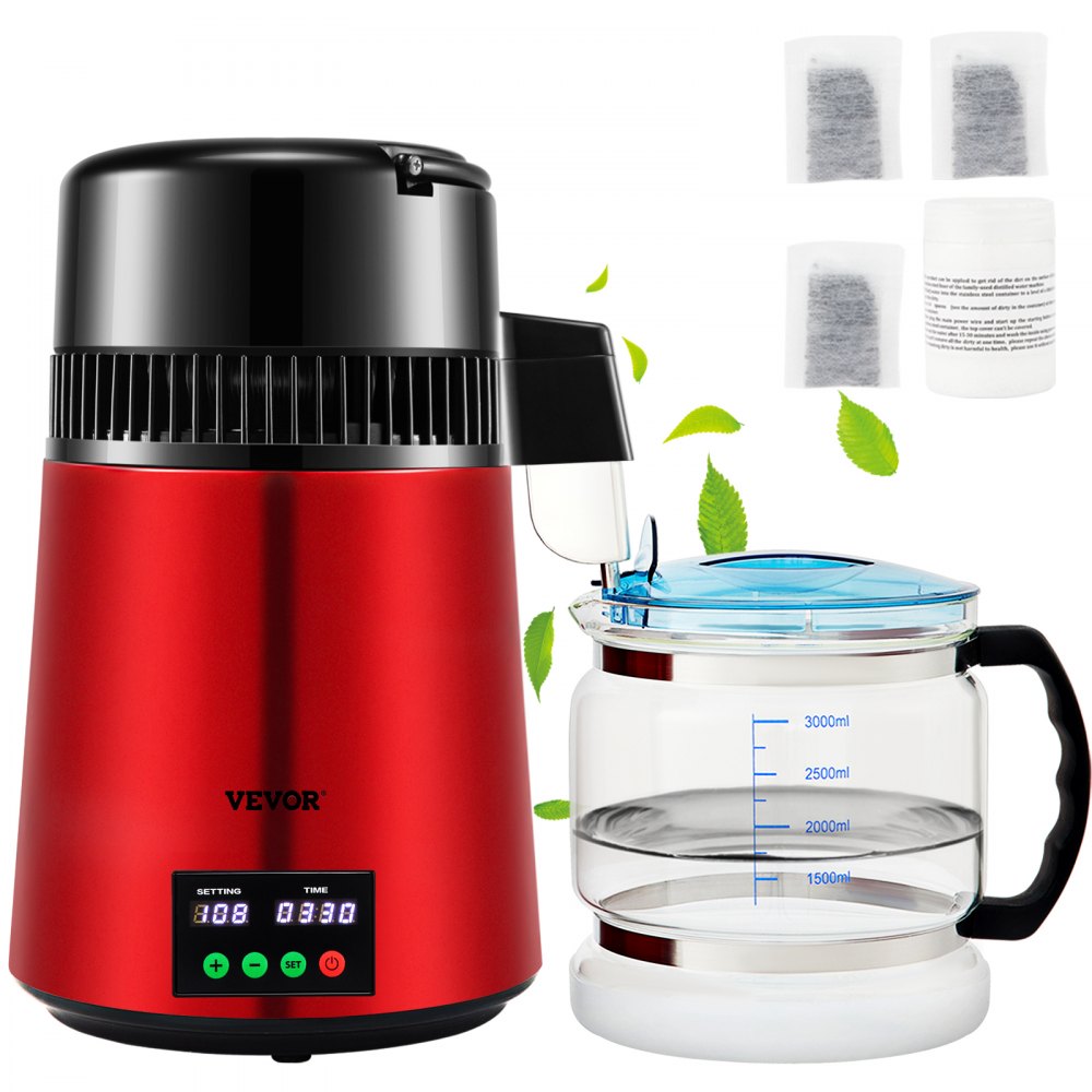 VEVOR 4L water distiller YMK40208 in wine red with glass carafe and timer display, official product image