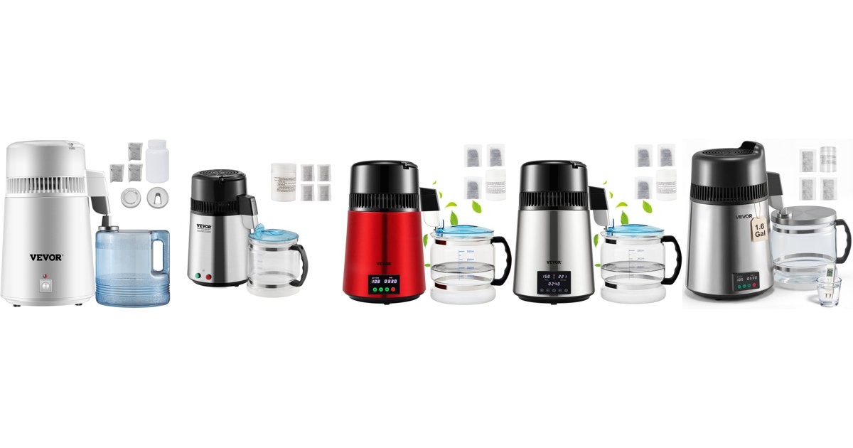 Five VEVOR countertop water distillers side by side, 4 L and 6 L, official VEVOR product images