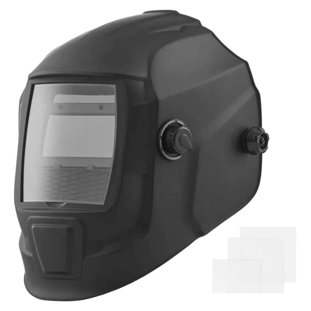 VEVOR CRIUS BY433E auto-darkening welding helmet, matte black, 93 x 43 mm lens, 2 arc sensors, official product image