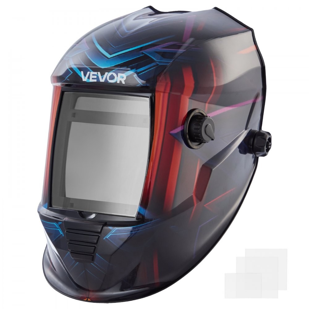 VEVOR METIS BY801E auto-darkening welding helmet with red and blue cyberpunk graphics, 100 x 80 mm lens, official product image