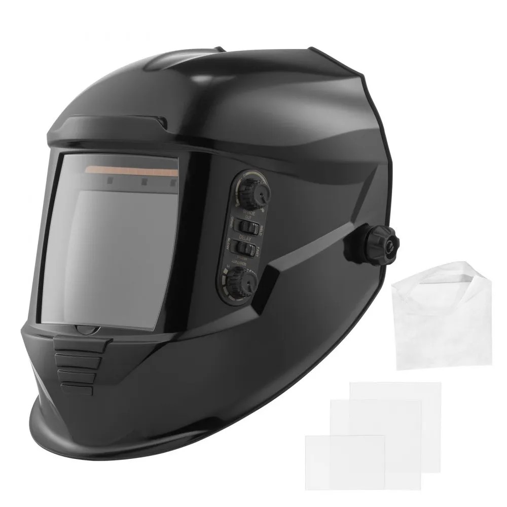 VEVOR METIS BY950T-1 auto-darkening welding helmet, glossy black, 100 x 95 mm lens, 4 arc sensors, official product image