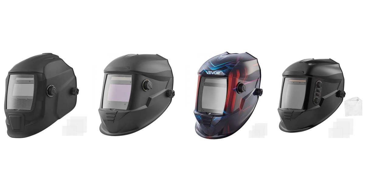 VEVOR auto-darkening welding helmets side by side: CRIUS 93 x 43 mm, METIS 100 x 59.4 mm, METIS 100 x 80 mm cyberpunk and METIS 100 x 95 mm, official VEVOR product images