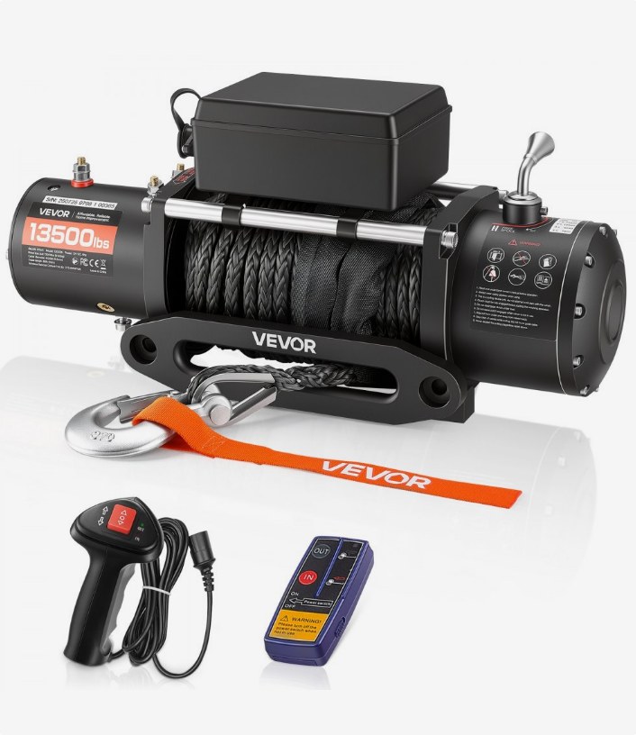 VEVOR 6100 kg 12V truck winch with orange synthetic rope, hawse fairlead and wired and wireless remotes, official product image
