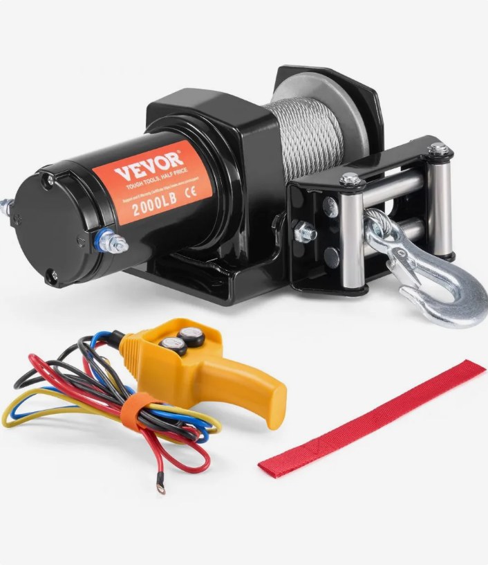 VEVOR P2000-1 907 kg 12V ATV winch with steel cable, roller fairlead, wired remote and wiring, official product image