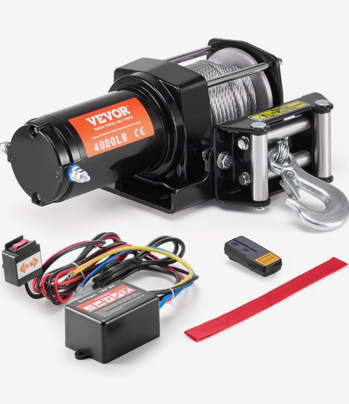 VEVOR P3000-1C 1814 kg 12V ATV winch with steel cable, control box, wired and wireless remotes, official product image