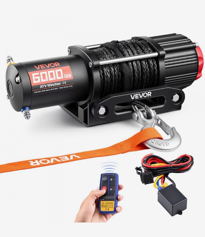 VEVOR 2721 kg 12V ATV/UTV winch with orange synthetic rope, mount plate and wireless remote, official product image