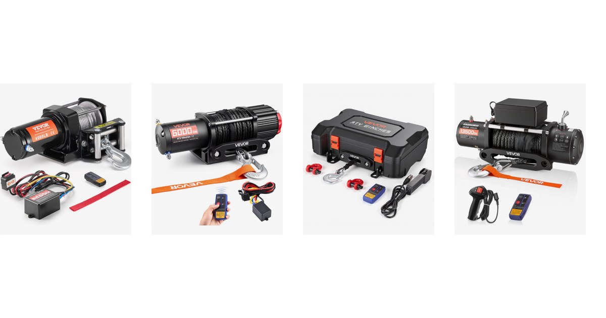 VEVOR 12V electric winches side by side: 1814 kg ATV winch, 2721 kg synthetic ATV winch, box-style portable kit and 6100 kg truck winch, official VEVOR product images