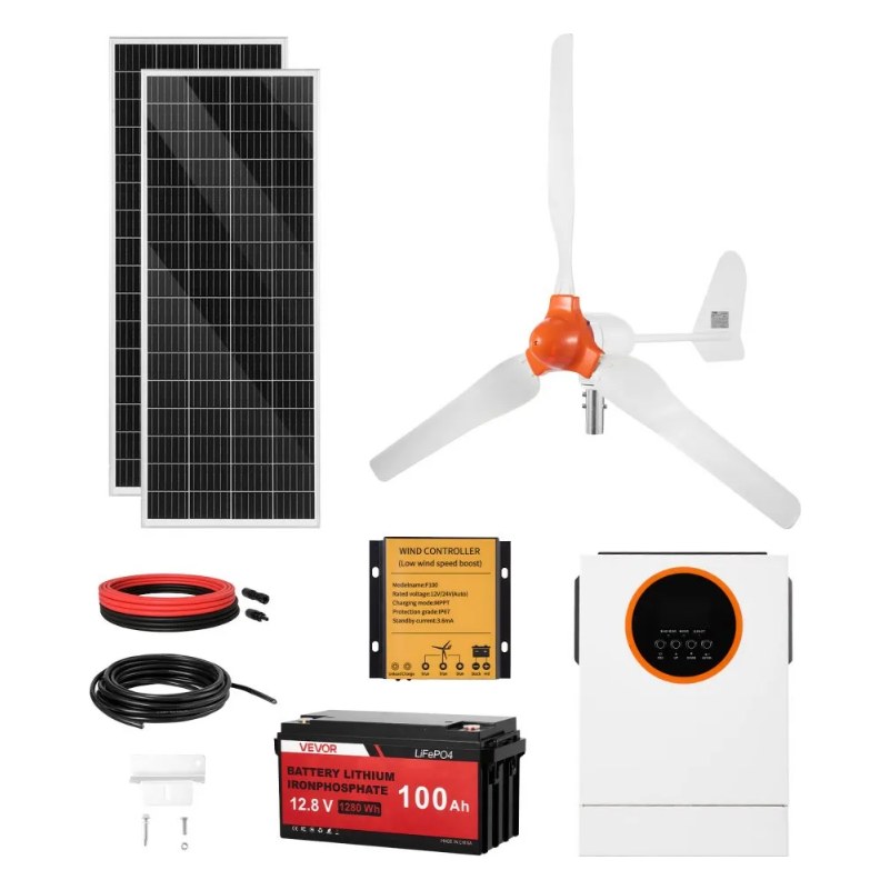 VEVOR 12V 600W solar wind power kit with two 100W panels, 400W wind turbine, controller, LiFePO4 battery and inverter, official product image