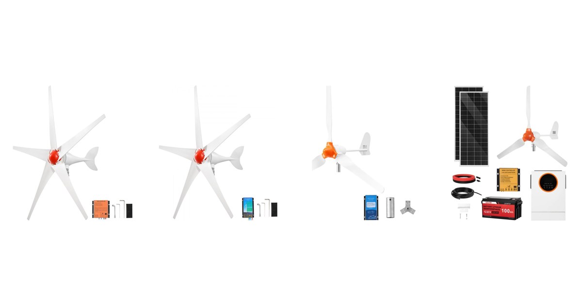 VEVOR small wind turbines side by side: 800W five-blade, 800W hybrid, 1200W 24V and the 600W solar wind kit, official VEVOR product images