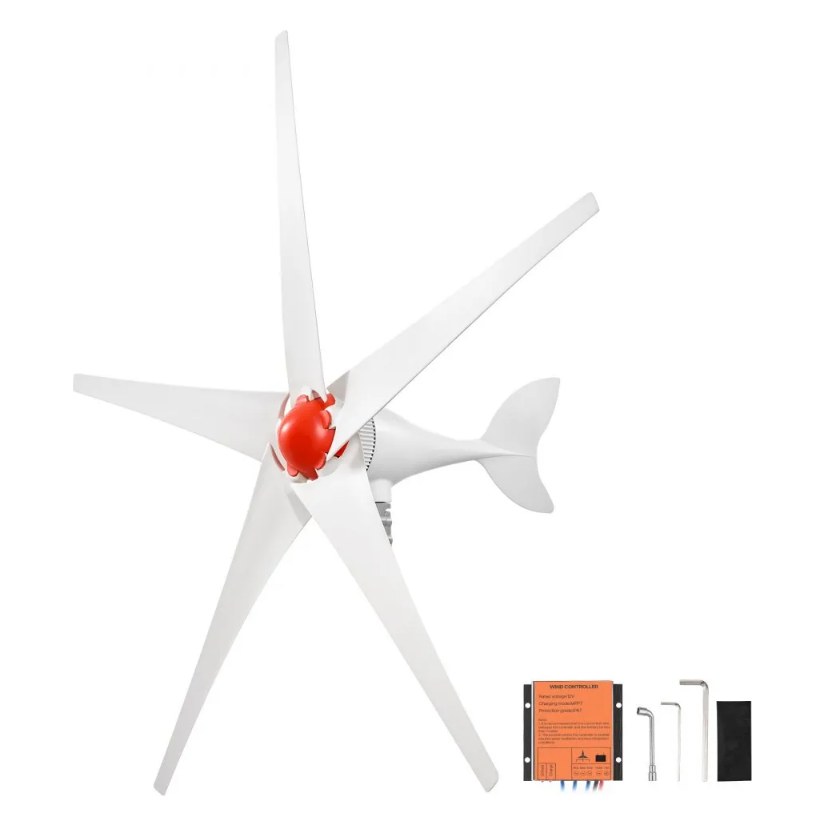 VEVOR FT-800 800W 12V five-blade wind turbine with MPPT wind controller and mounting hardware, official product image